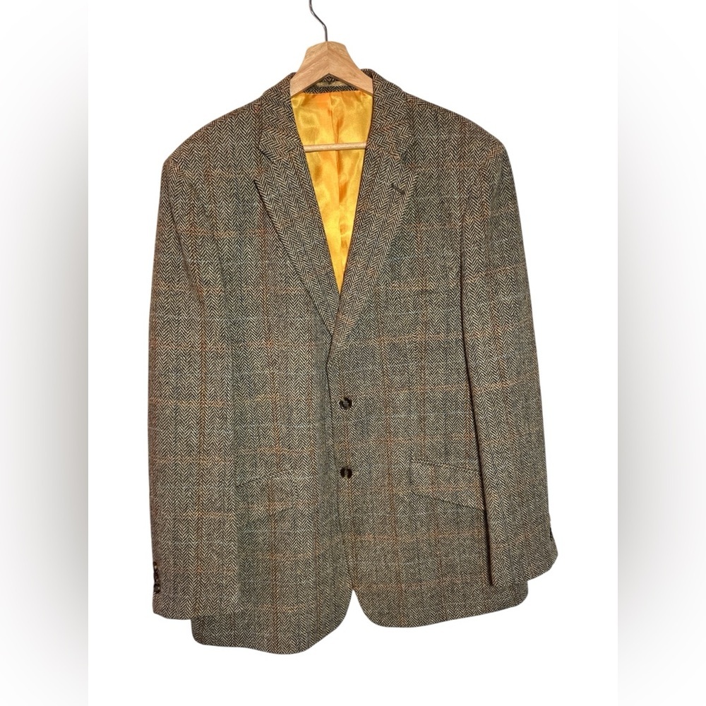 Harris Tweed Herringbone Men's Wool Blazer Jacket Brown Sz 44R EUC Vtg
